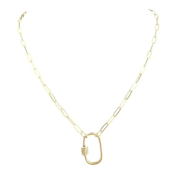 Silver Paper Clip Style Chain Necklace 18" with CZ and Carabiner Clasp (SVXX010) - Picture 1 of 3